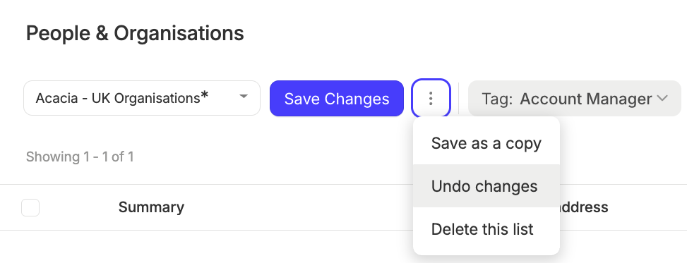 botão de desfazer alterações para uma edição de lista salva