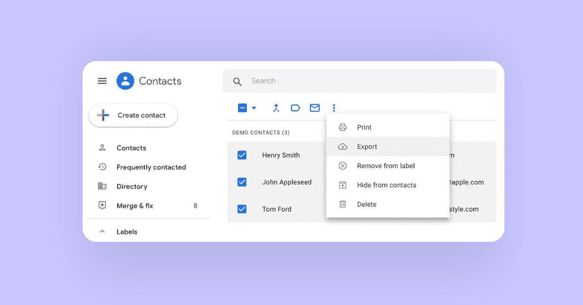 A screenshot shows a user clicking export in the dropdown menu in Google Contacts after pressing the three dots.