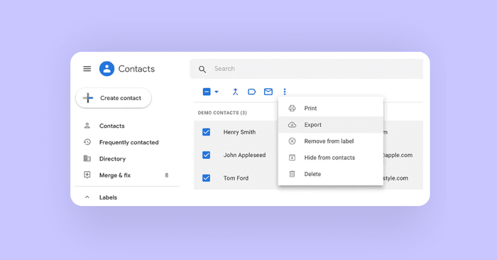 A screenshot shows a user clicking export in the dropdown menu in Google Contacts after pressing the three dots.