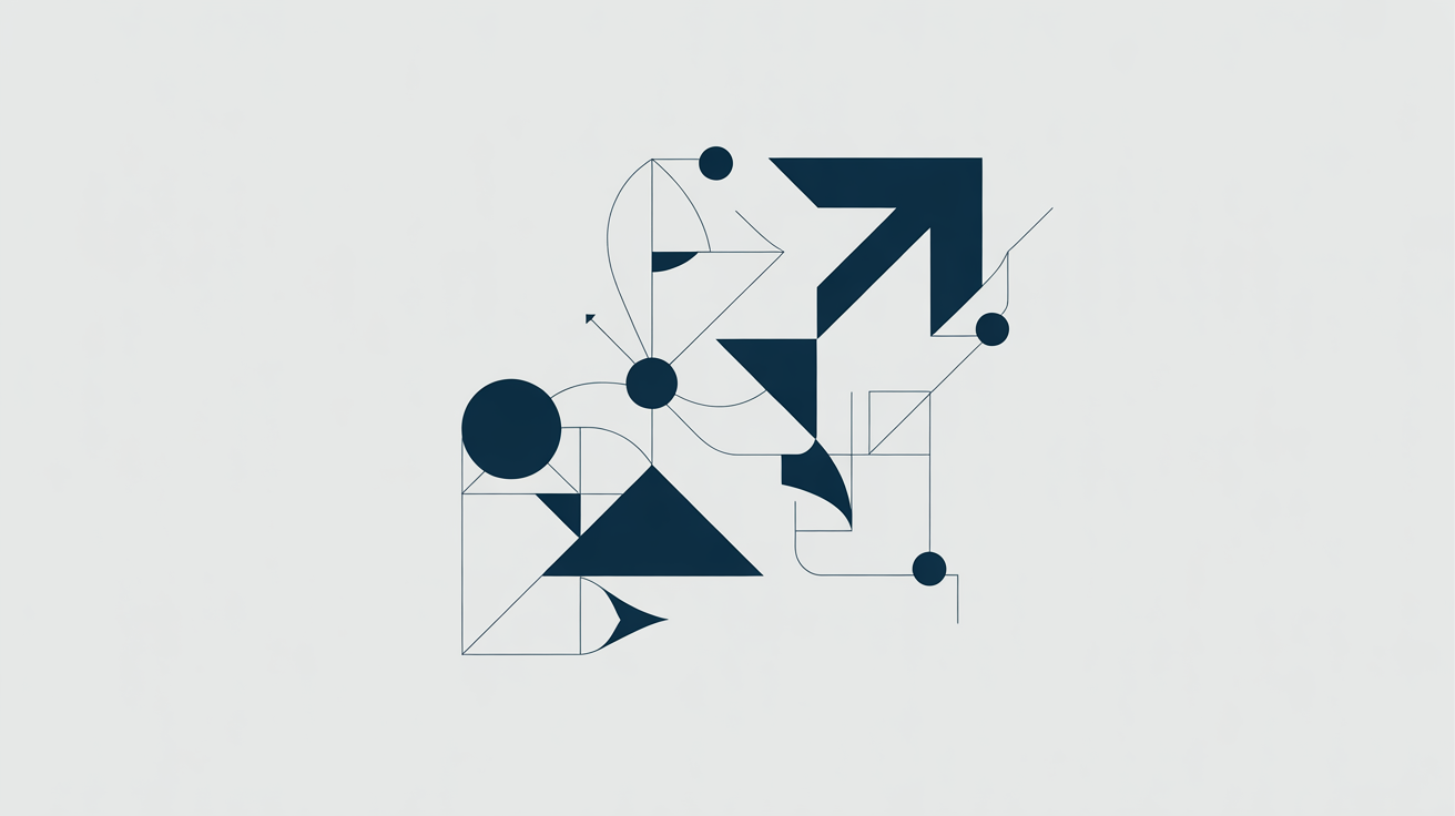 Abstract dark blue geometric shapes and lines, including an arrow, on a light gray background.