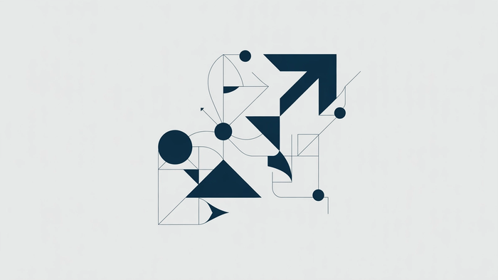 Abstract dark blue geometric shapes and lines, including an arrow, on a light gray background.