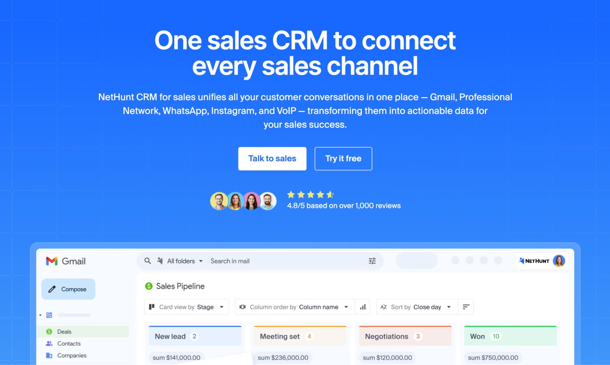 Screenshot of NetHunt CRM's website, showing a sales pipeline integrated into a Gmail interface, with the headline "One sales CRM to connect every sales channel."