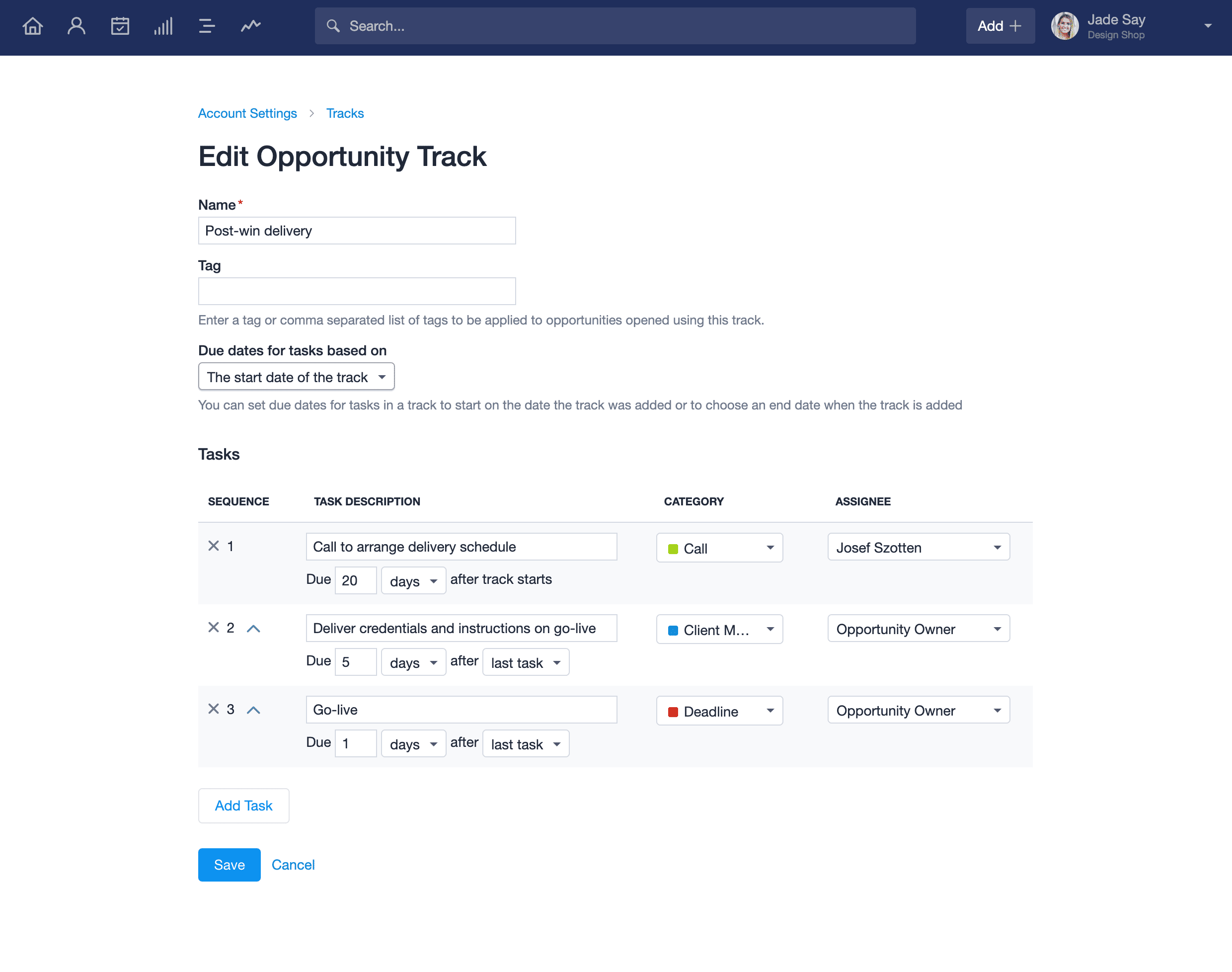 Opções para editar o acompanhamento de oportunidades