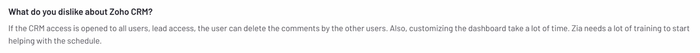 User feedback on Zoho CRM noting issues with open access permissions, dashboard customization difficulty, and training needs for AI assistant Zia.