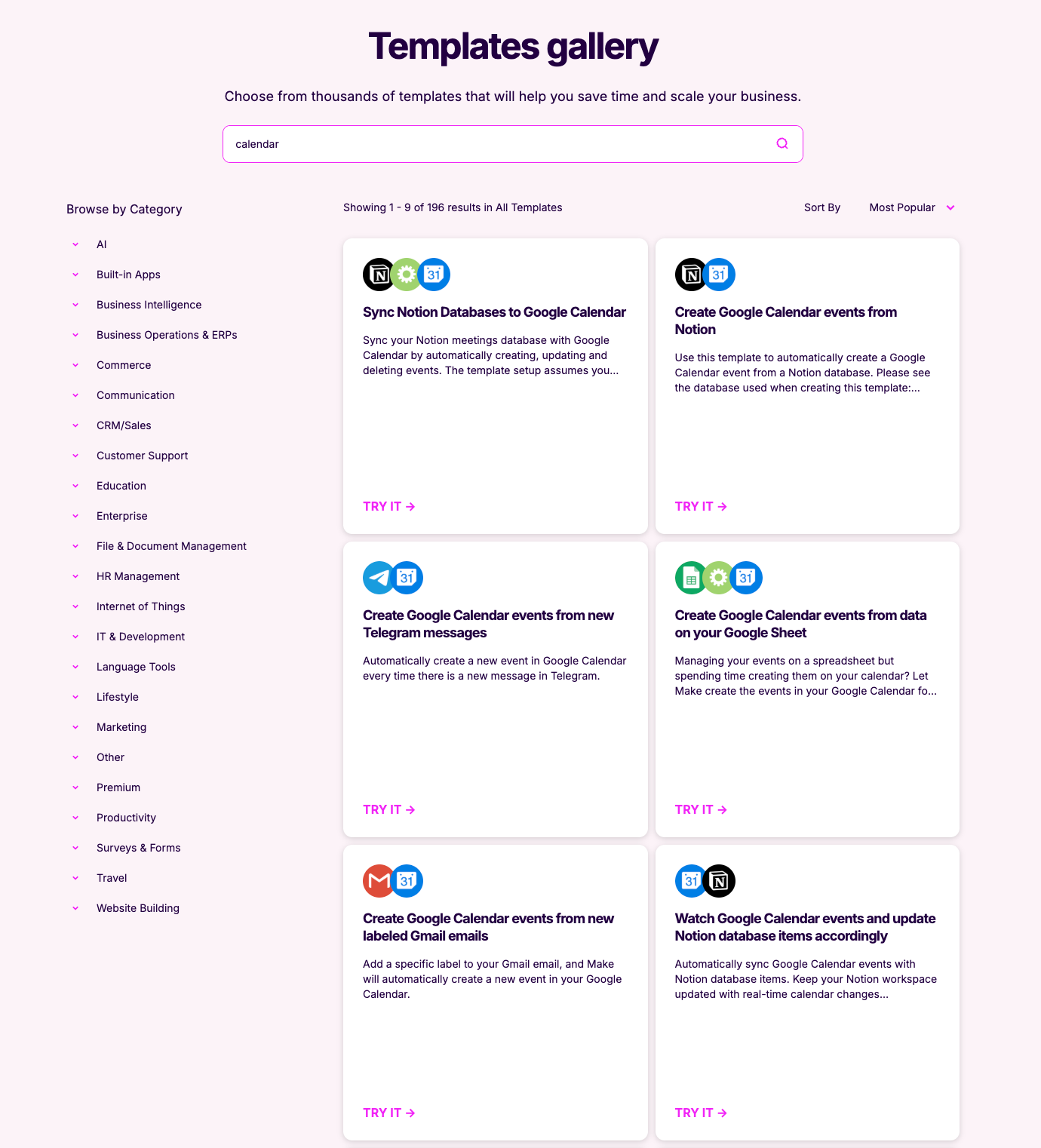 Purple-themed gallery of calendar automation templates from Zapier, showing options to sync Google Calendar with Notion, Gmail, Telegram, and more.