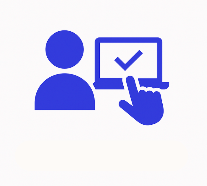 A blue icon of a person next to a computer with a checkmark and pointing hand, likely representing user approval or login verification.