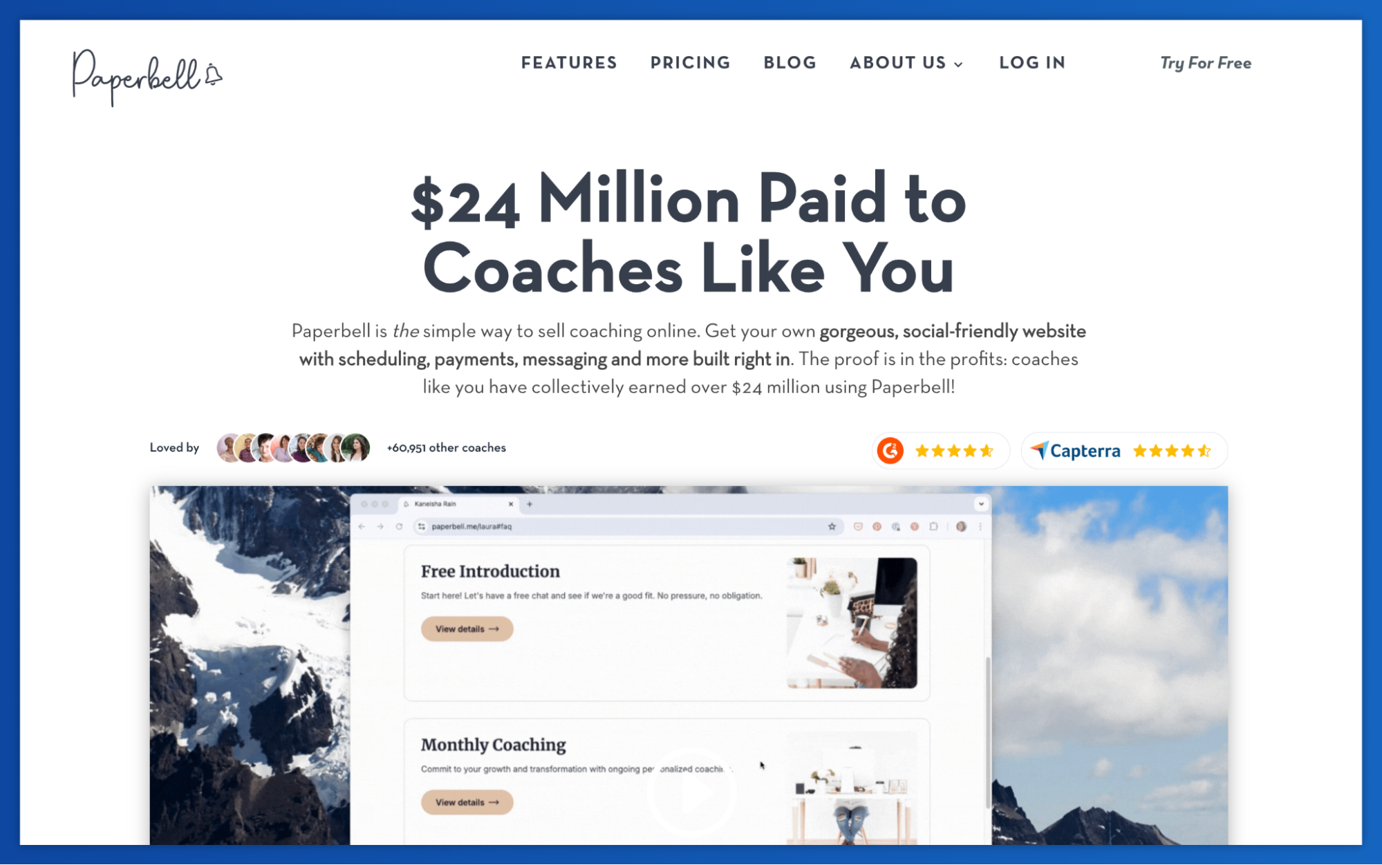 Paperbell website displaying the headline "$24 Million Paid to Coaches Like You" and its online coaching platform.