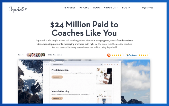 Paperbell website displaying the headline "$24 Million Paid to Coaches Like You" and its online coaching platform.