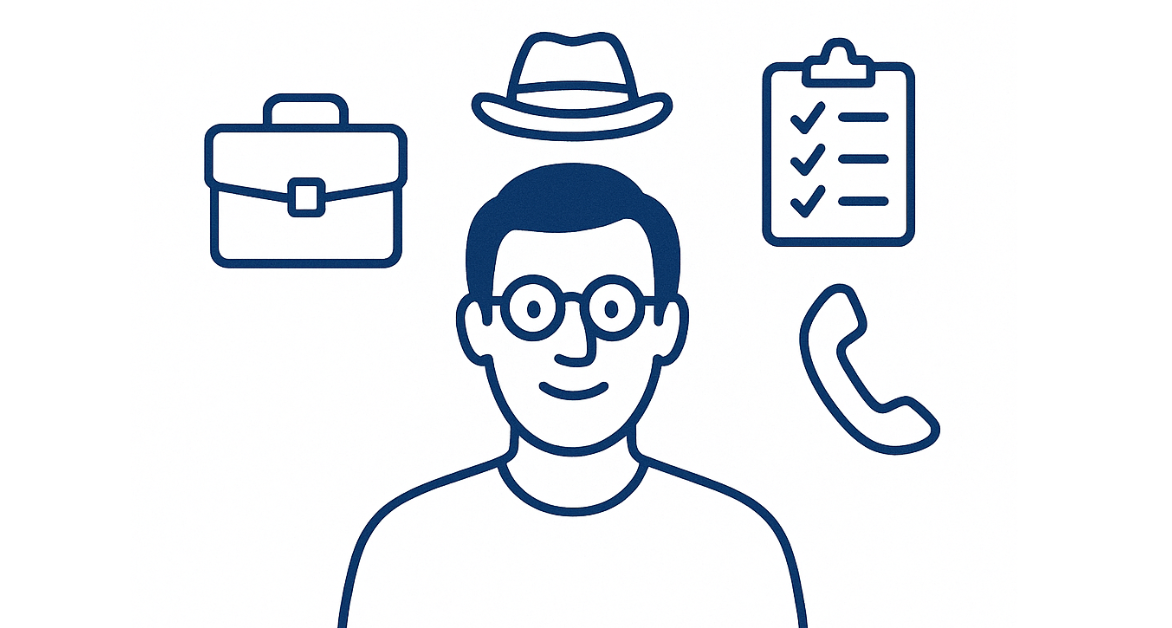 Un dibujo de un hombre con sombrero, maletín y teléfono.
