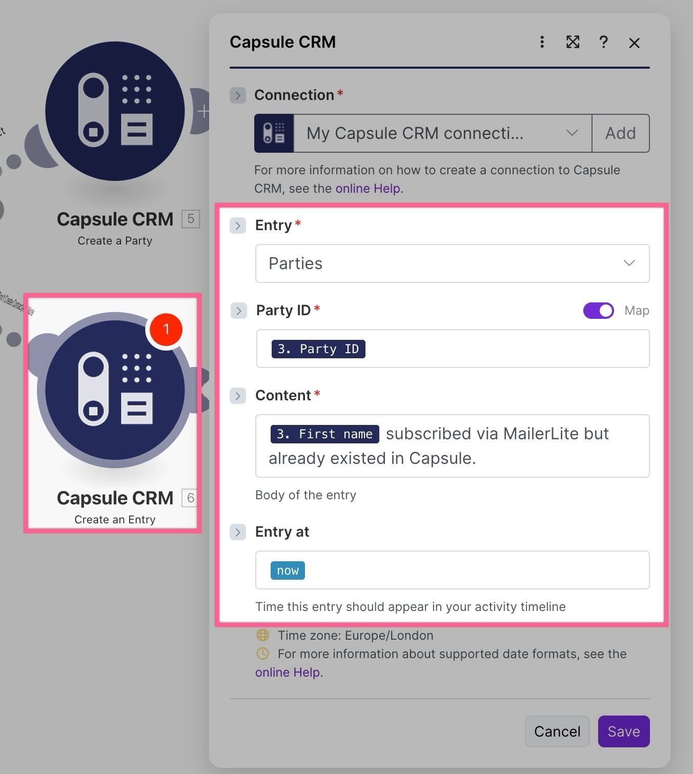 entry field highlighted for adding note to existing capsule contact