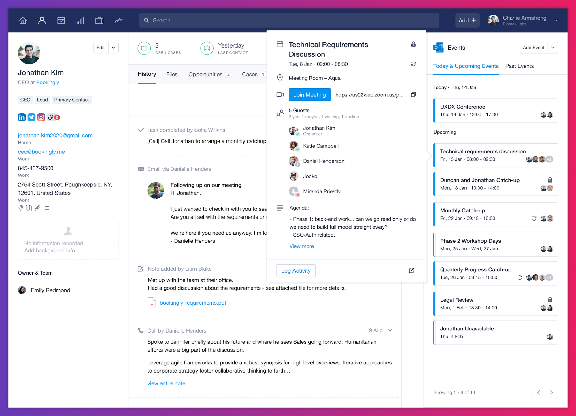 Capsule CRM contact profile for Jonathan Kim showing communication history, upcoming Zoom meeting with technical requirements, and scheduled events in the sidebar.