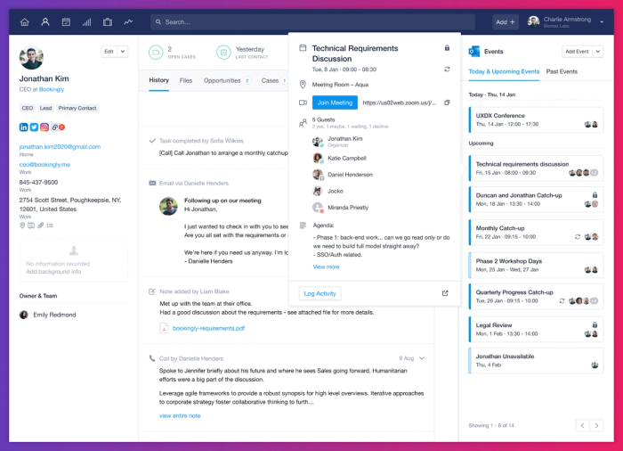 Capsule CRM contact profile for Jonathan Kim showing communication history, upcoming Zoom meeting with technical requirements, and scheduled events in the sidebar.
