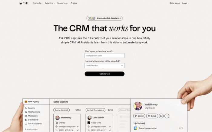 Folk CRM website homepage with a signup form and the headline "The CRM that works for you," showing hands interacting with a sales pipeline interface and contact cards.