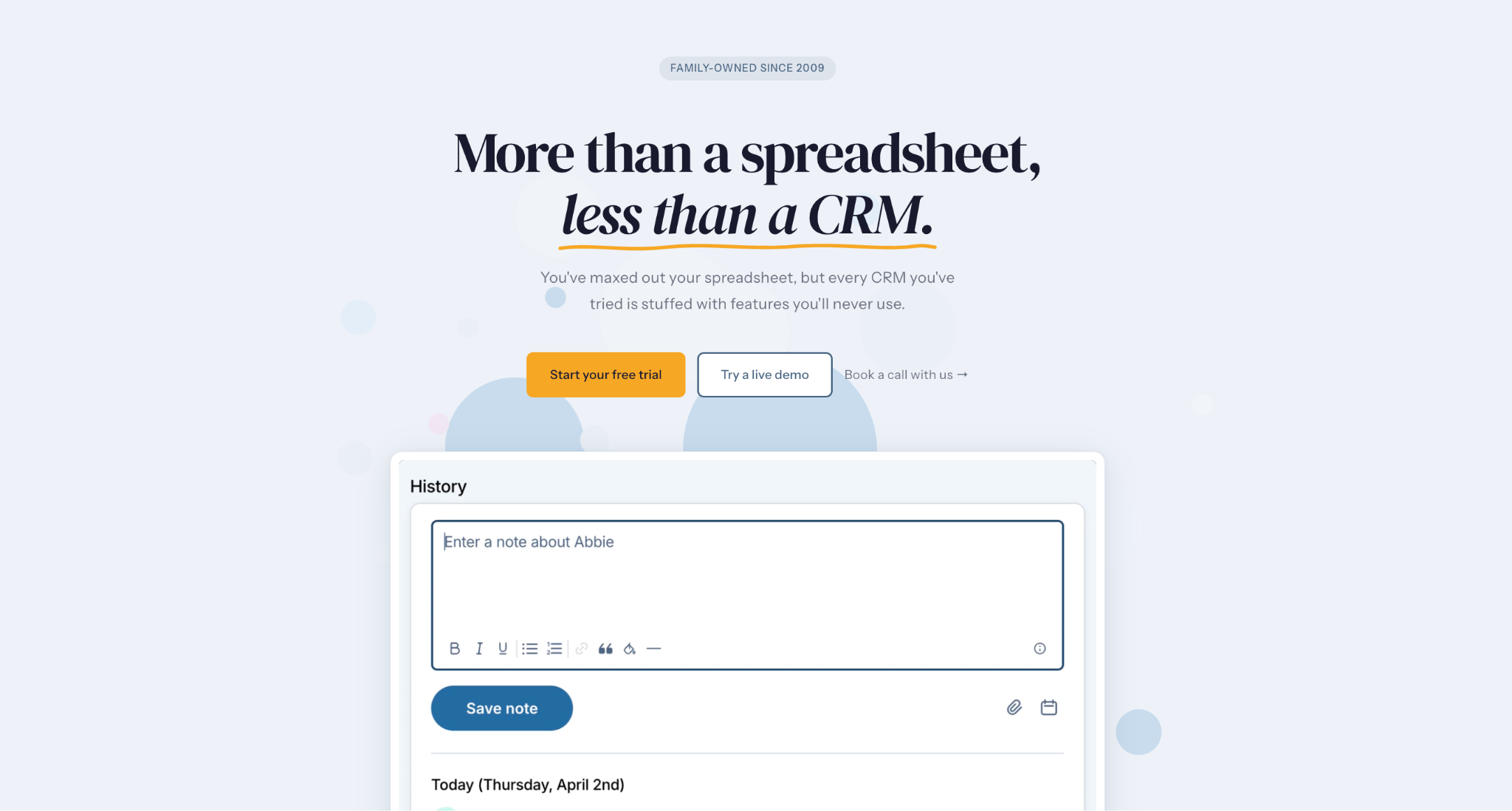 Product landing page with the headline "More than a spreadsheet, less than a CRM," and a note-taking interface.