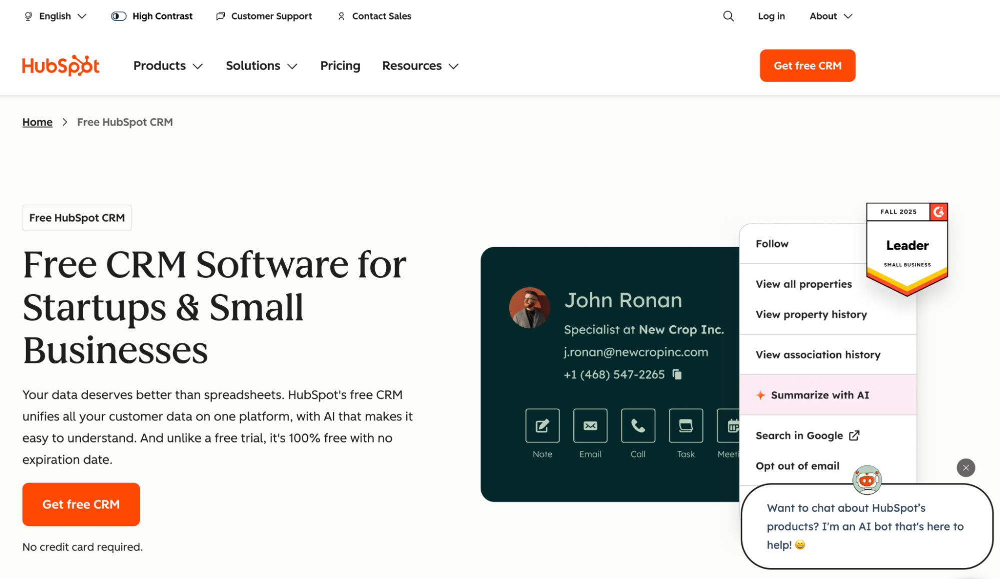 Screenshot of the HubSpot Free CRM page showing a contact card with an "AI Summarize" option and a chatbot.