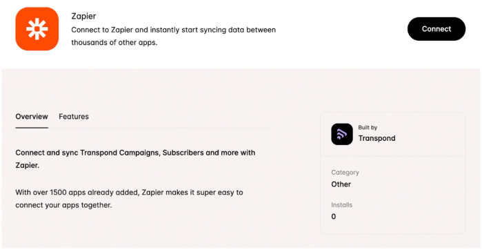 Screenshot of Zapier's connection with transpond