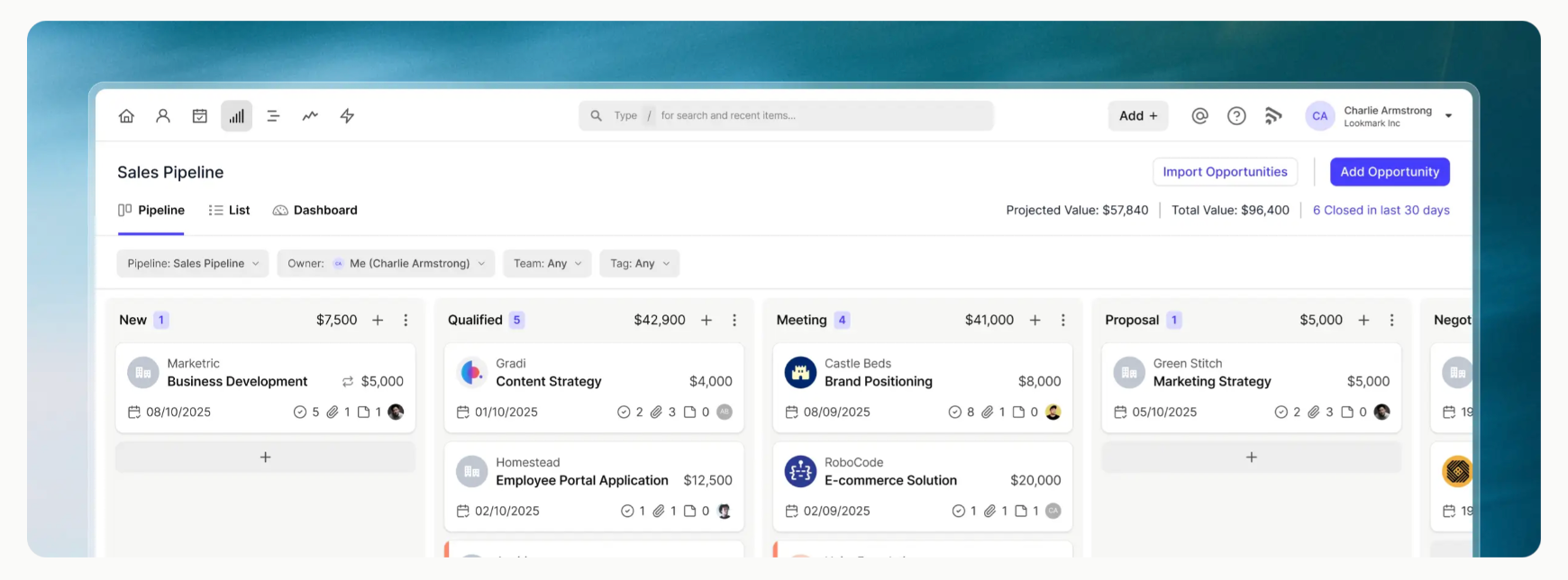 Sales pipeline management software with a Kanban board view, showing stages like New, Qualified, and Meeting opportunities.