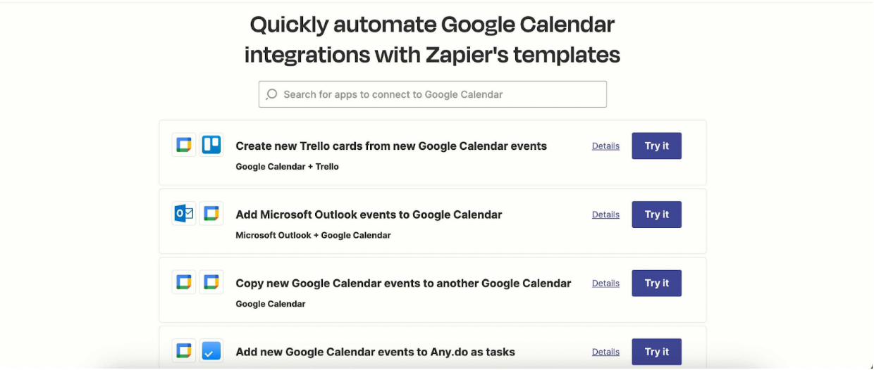 List of apps to connect with Google Calendar using Zapier's templates