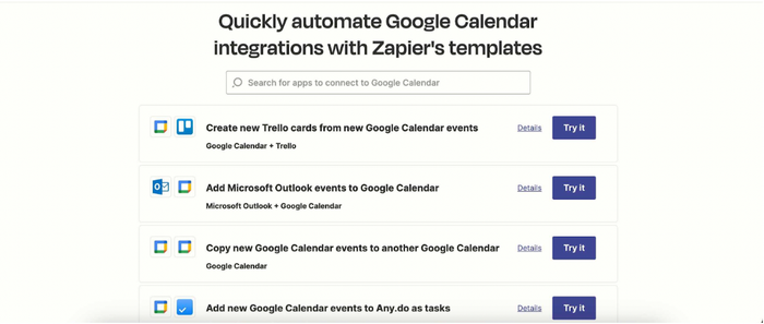 List of apps to connect with Google Calendar using Zapier's templates