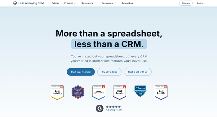 Less Annoying CRM website landing page with the headline "More than a spreadsheet, less than a CRM," along with call-to-action buttons and award badges.