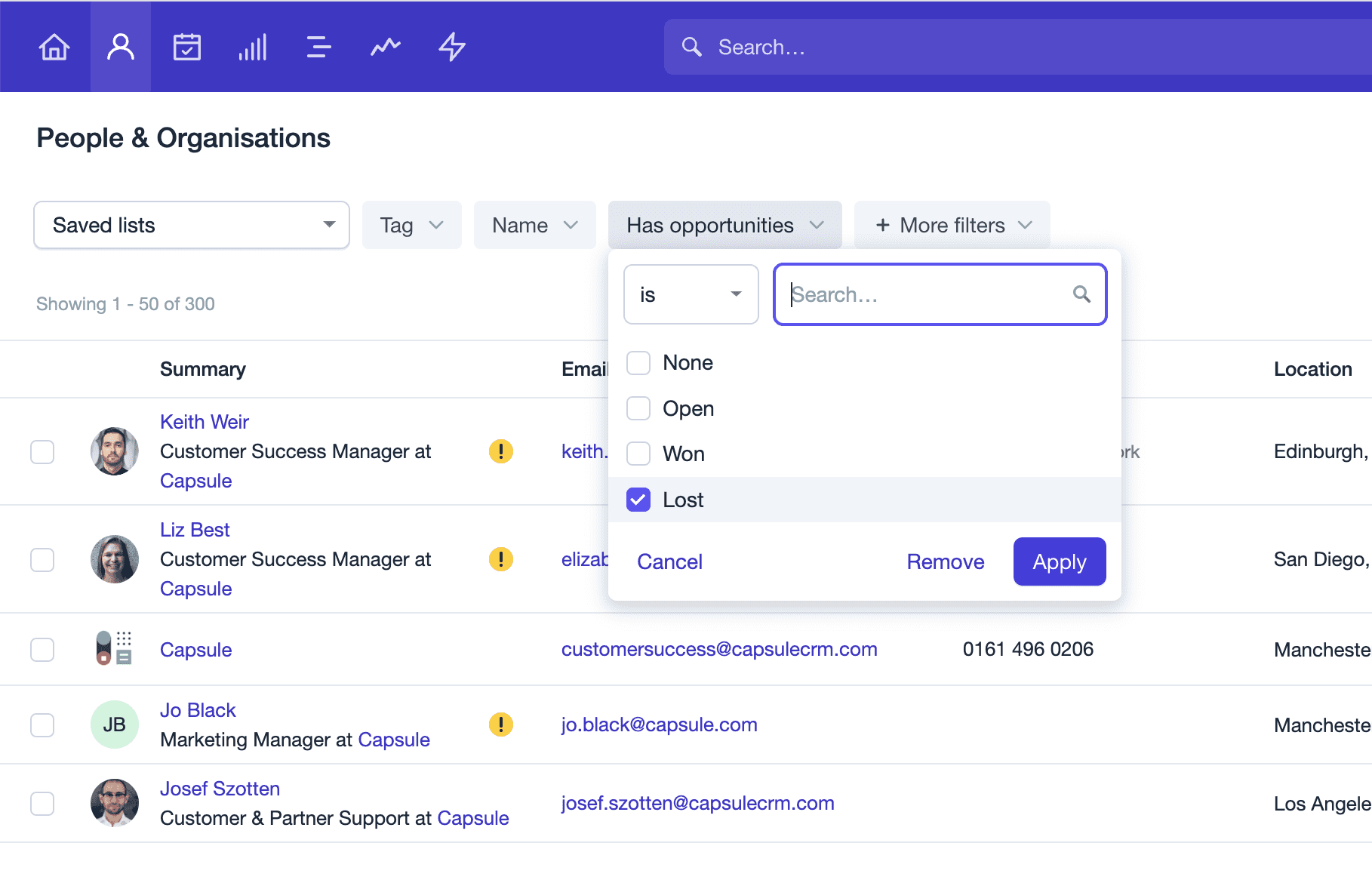 Screenshot of a dynamic list of lost opportunities due to time