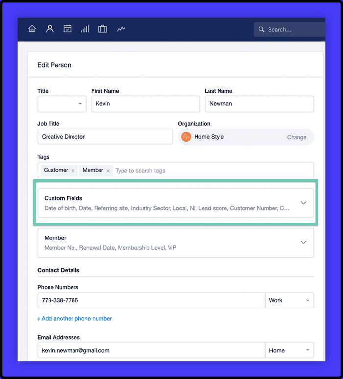 Edit page with the custom fields option highlighted.