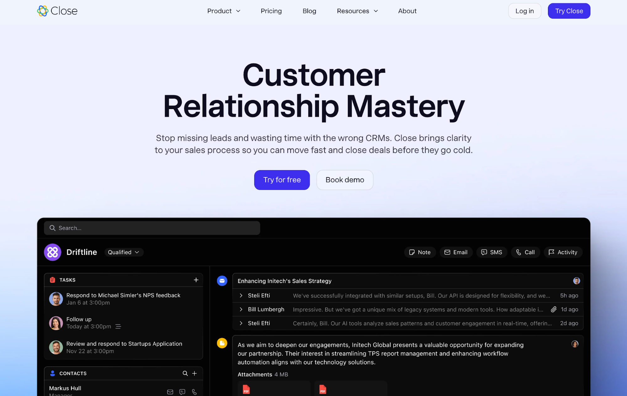A screenshot of the Close CRM website, featuring the headline 'Customer Relationship Mastery' and a dark-themed dashboard showing sales tasks and activities.