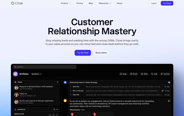 A screenshot of the Close CRM website, featuring the headline 'Customer Relationship Mastery' and a dark-themed dashboard showing sales tasks and activities.