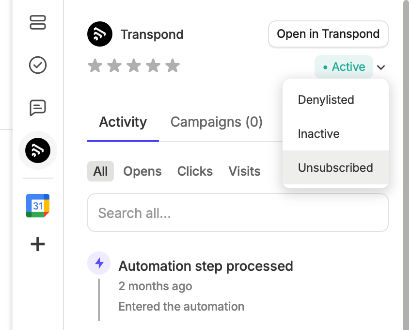 Transpond sidebar in Capsule showing with the option to change status highlighted