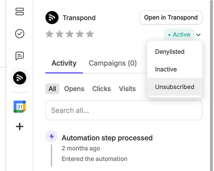 Transpond sidebar in Capsule showing with the option to change status highlighted