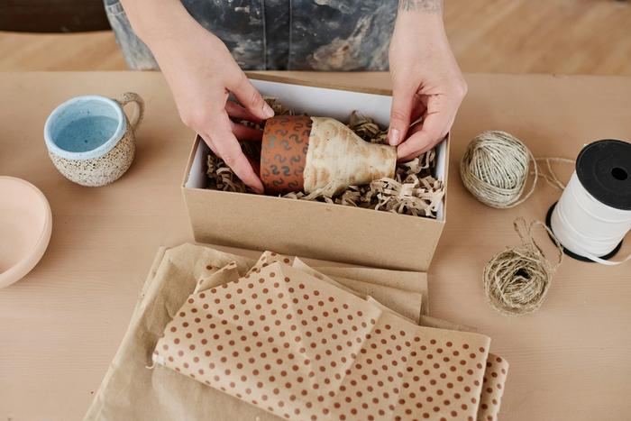 a person is putting a potted plant in a box .