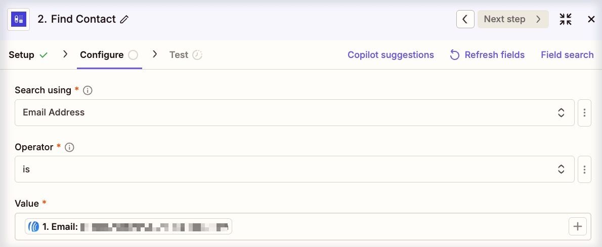 zap para encontrar el contacto de Capsule y usar el paso de Aweber Email