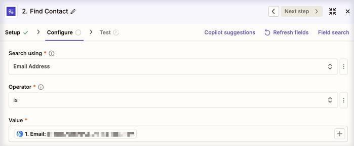 zap find capsule contact step using aweber email