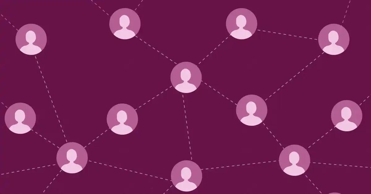 Grupo de personas conectadas por líneas sobre un fondo morado.