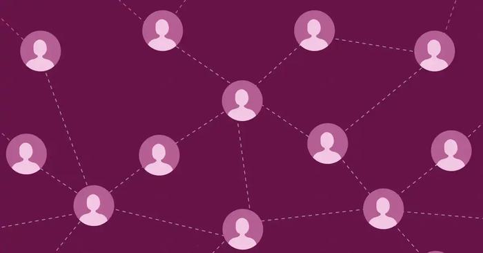 Groupe de personnes reliées par des lignes sur un fond violet.