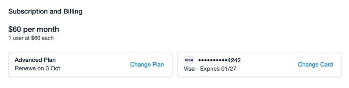 Billing and payment section on the Account and Plan page displaying the current billing information and monthly subscription details with a link to change card