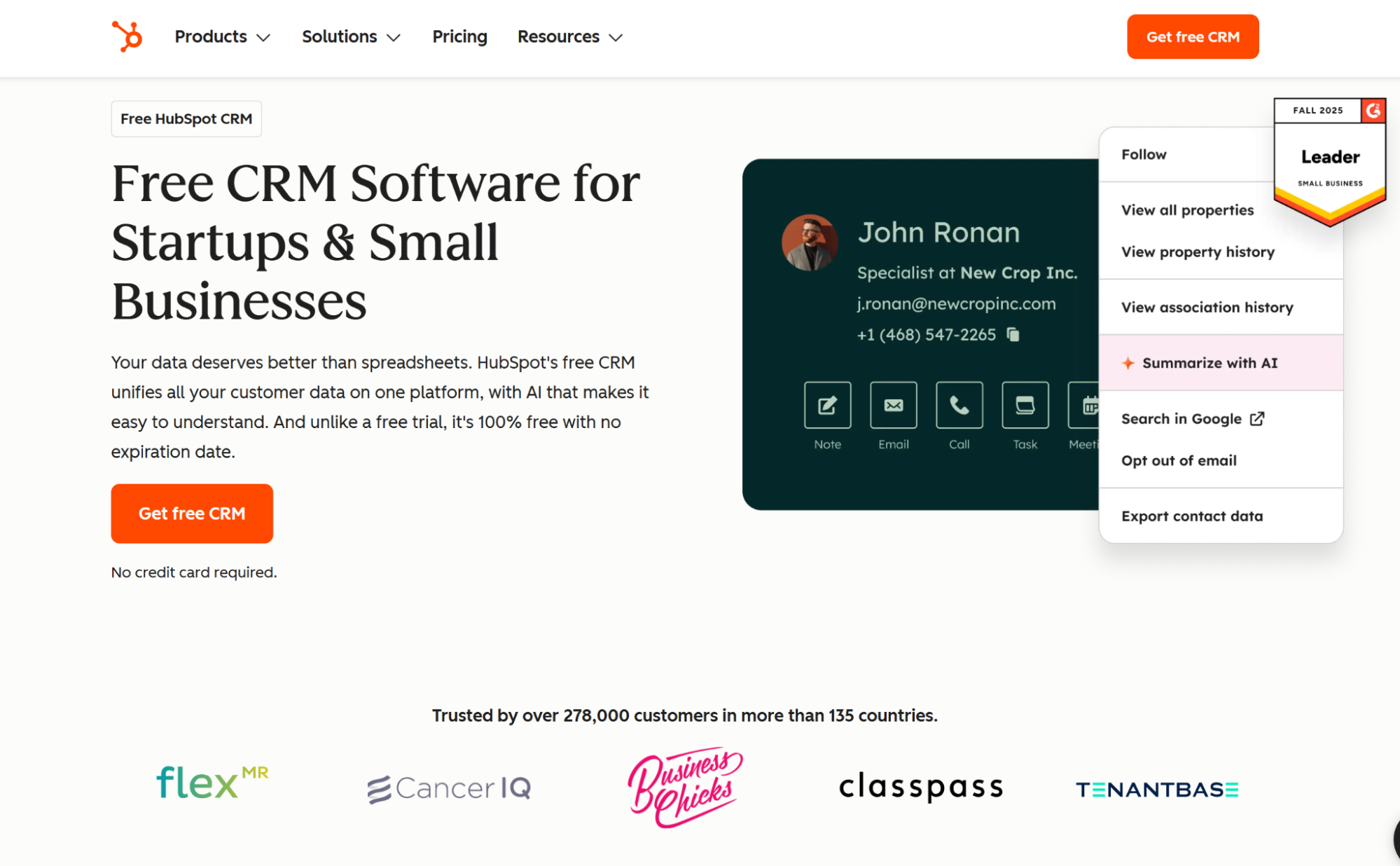 HubSpot landing page for free CRM software, featuring a contact profile with an open menu highlighting "Summarize with AI," and a "Leader" badge.