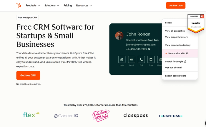 HubSpot landing page for free CRM software, featuring a contact profile with an open menu highlighting "Summarize with AI," and a "Leader" badge.