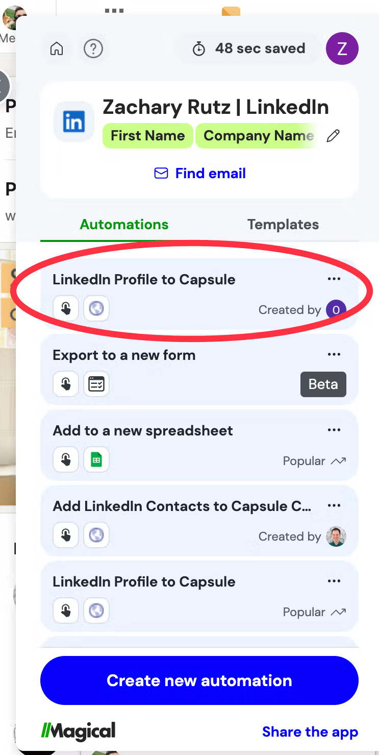 a screenshot shows the magical overlay in linkedin with a circle around an automation which lets you pull data from linkedin into capsule crm