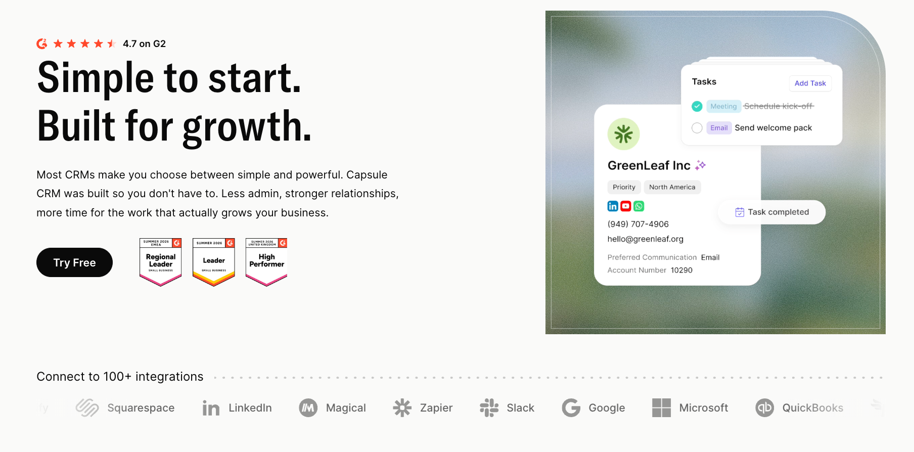 Webpage for Capsule CRM showing its interface with contact details and task management, headlined "Simple to start. Built for growth.", alongside award badges and integration logos.