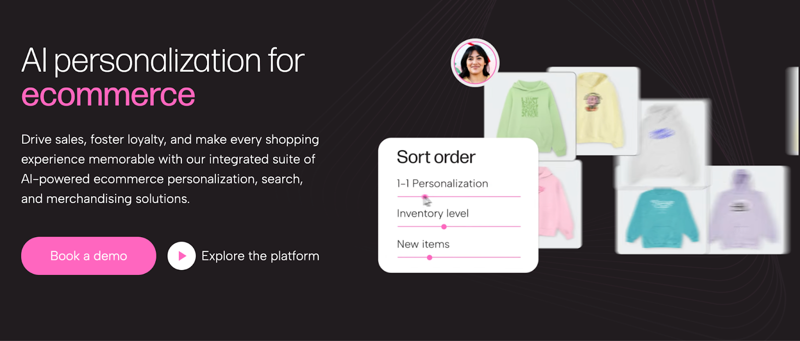 A screenshot promoting AI personalization for e-commerce, showing a "Sort order" menu with "1-1 Personalization" selected, next to a display of various hoodies.