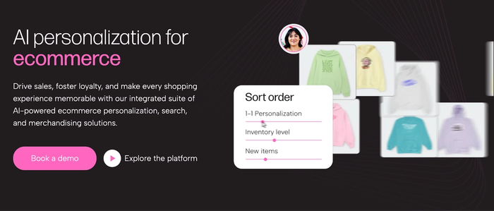 A screenshot promoting AI personalization for e-commerce, showing a "Sort order" menu with "1-1 Personalization" selected, next to a display of various hoodies.