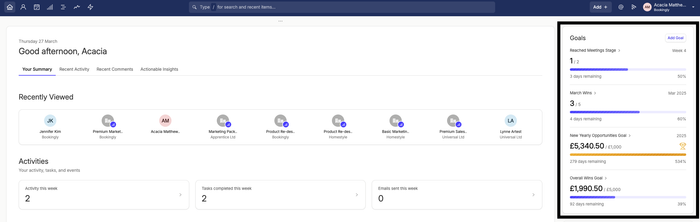showing goals tile on the home dashboard
