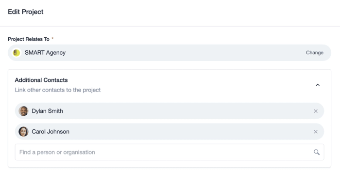 Project edit page is displayed with an organization and two people records linked. There is also an option to search for other records to add to the project.
