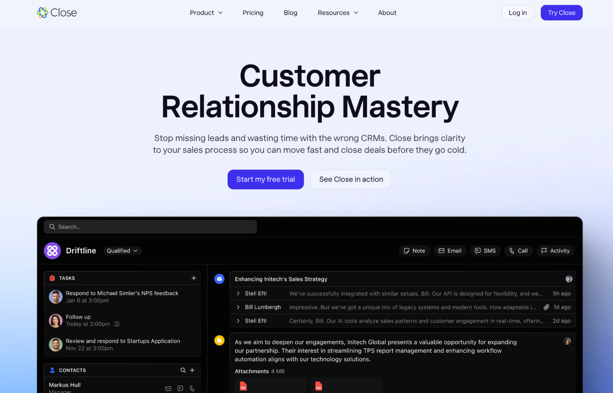 Close CRM website featuring a "Customer Relationship Mastery" headline above a dark-themed CRM interface with tasks and customer interactions.
