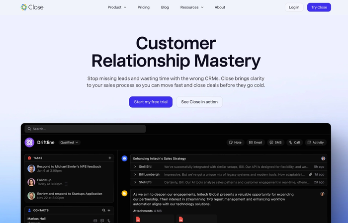 Close CRM website featuring a "Customer Relationship Mastery" headline above a dark-themed CRM interface with tasks and customer interactions.