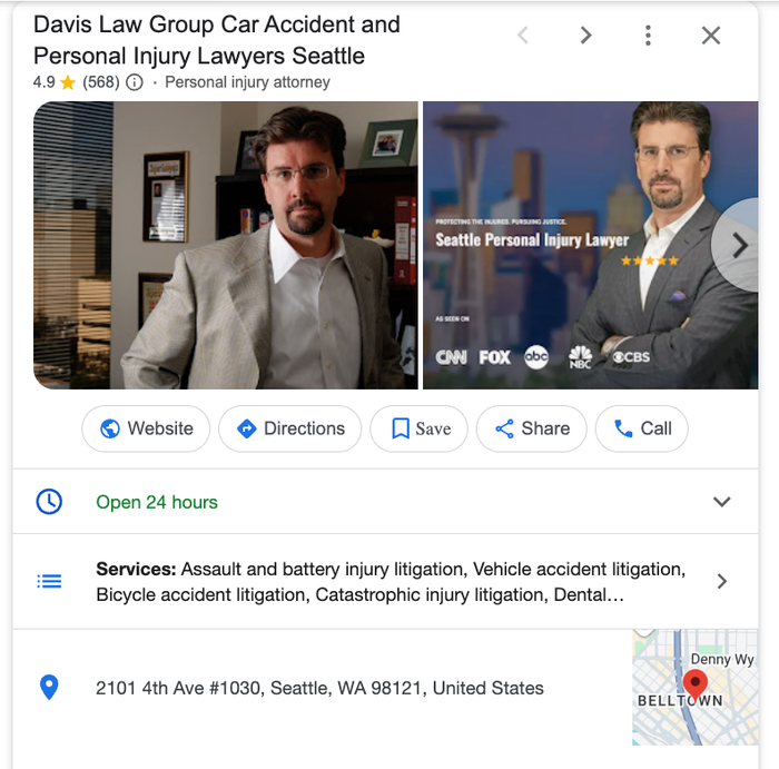 Google business listing for Davis Law Group, featuring images of a personal injury lawyer and listing services like vehicle and bicycle accident litigation in Seattle.