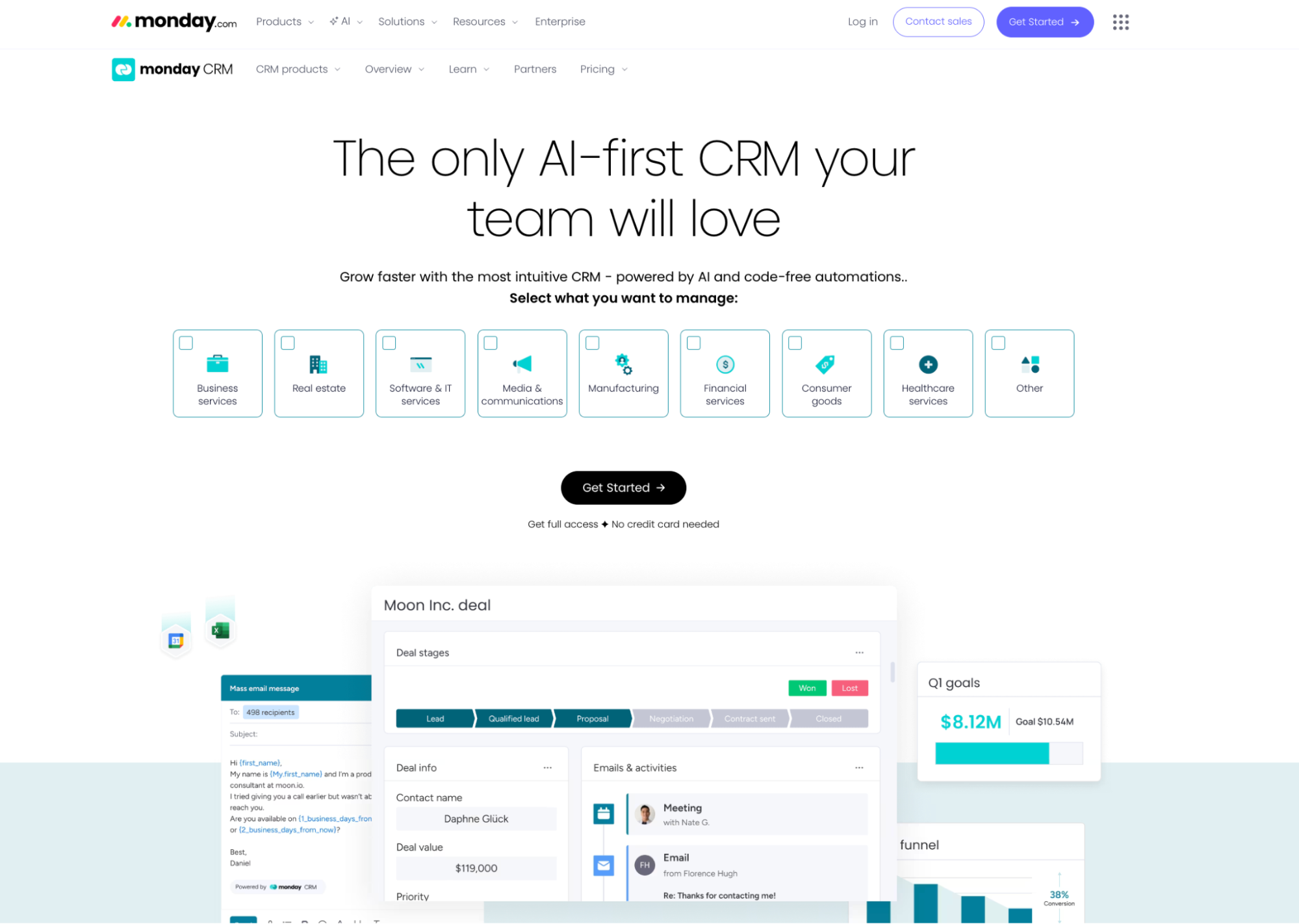 monday.com CRM website featuring an 'AI-first CRM' headline, with UI examples for deal management, goals, and communication.