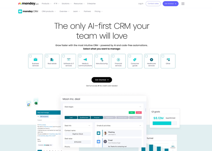monday.com CRM website featuring an 'AI-first CRM' headline, with UI examples for deal management, goals, and communication.