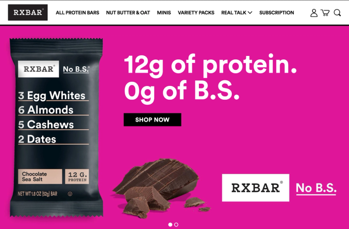 A screenshot for the brand R X bar. The headline reads "twelve grams of protein. Zero grams of B S"
